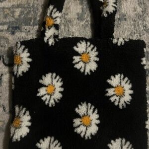 Black Floral Fuzzy Tote Bag